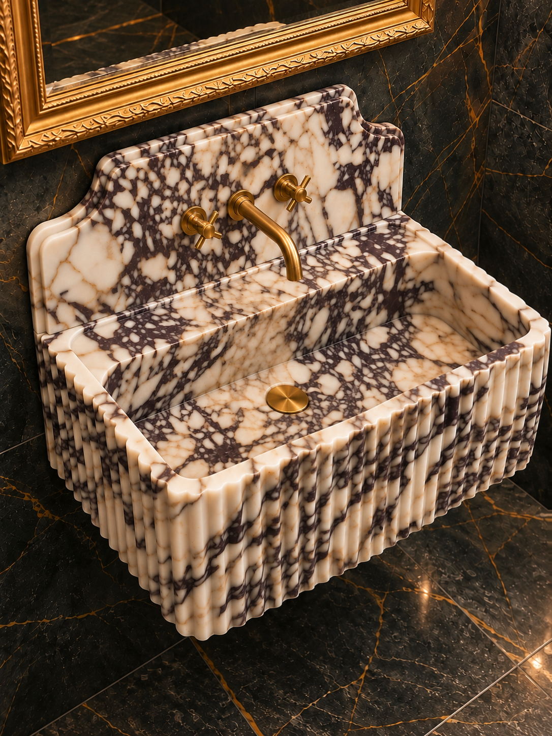 Large Fluted Calacatta Viola Marble Sink with Backsplash