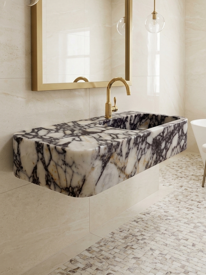 Calacatta Viola Countertop Basin , Floating Marble Sink