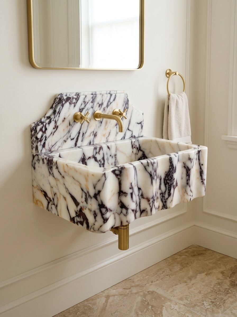 Bold-Fluted Calacatta Viola Marble Sink with Backsplash
