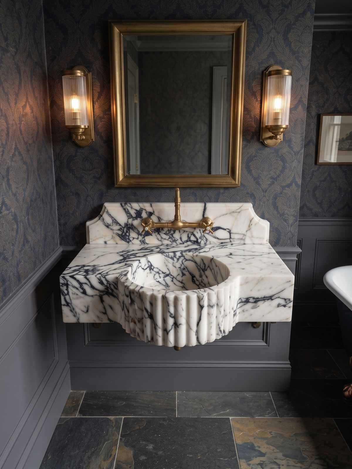 Sculpted Fluted Calacatta Viola Marble Sink with Backsplash