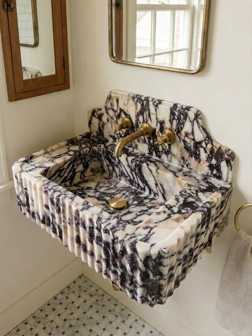 Fluted Calacatta Viola Marble Sink with Backsplash