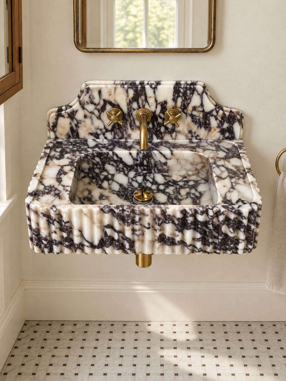 Fluted Calacatta Viola Marble Sink with Backsplash