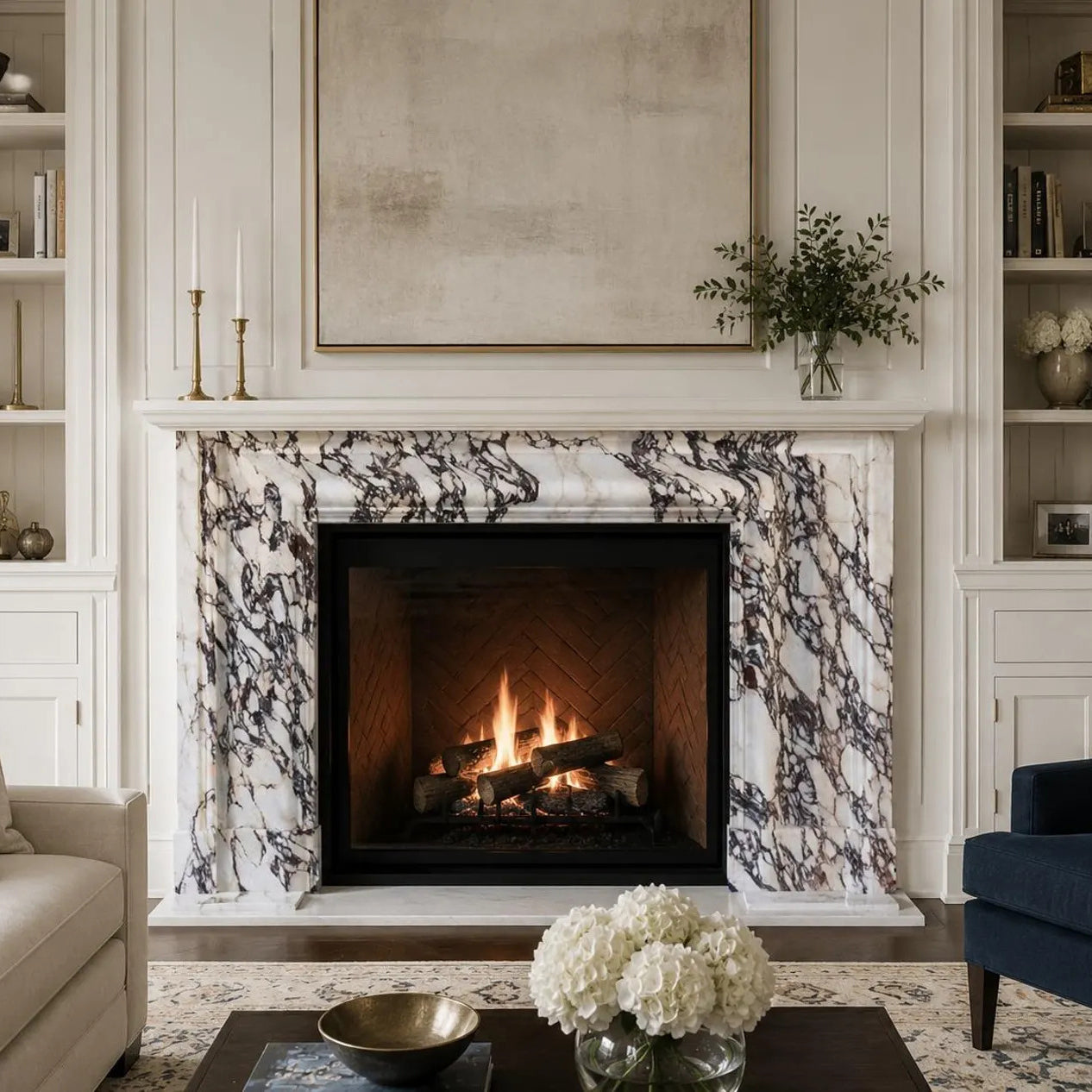 Calacatta Viola marble fireplace mantel