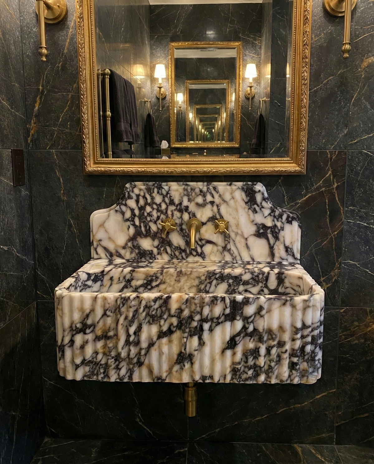 Large Fluted Calacatta Viola Marble Sink with Backsplash