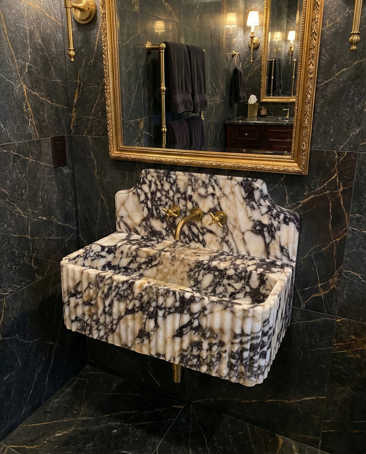 Large Fluted Calacatta Viola Marble Sink with Backsplash