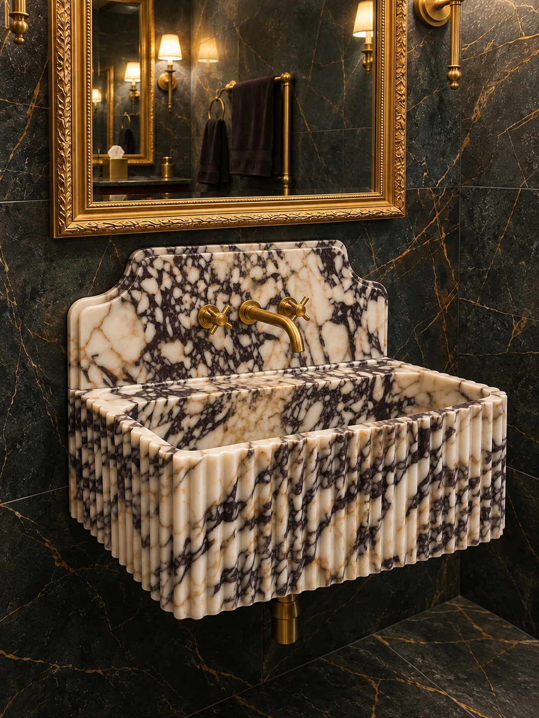 Large Fluted Calacatta Viola Marble Sink with Backsplash