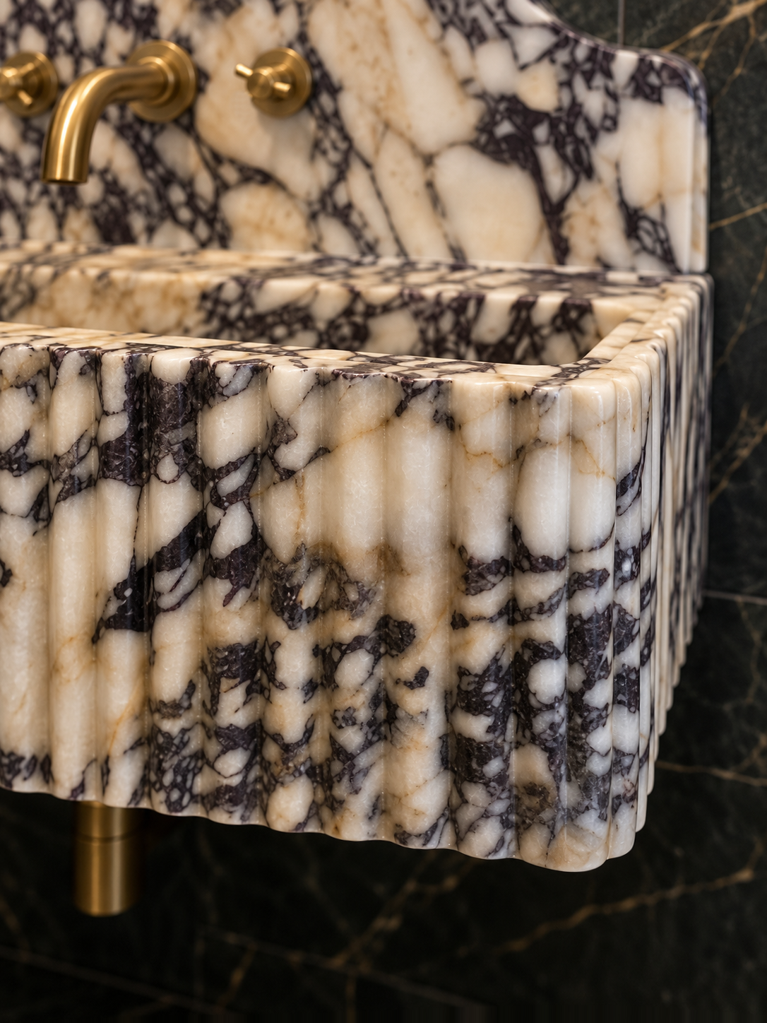 Large Fluted Calacatta Viola Marble Sink with Backsplash