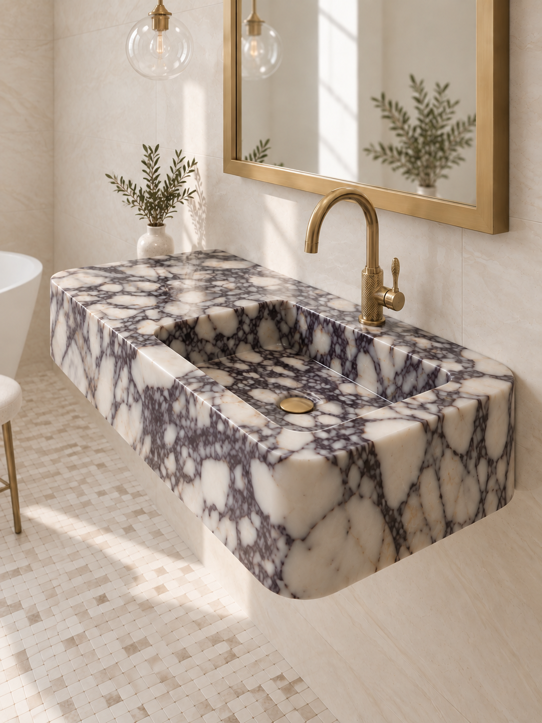 Calacatta Viola Countertop Basin , Floating Marble Sink