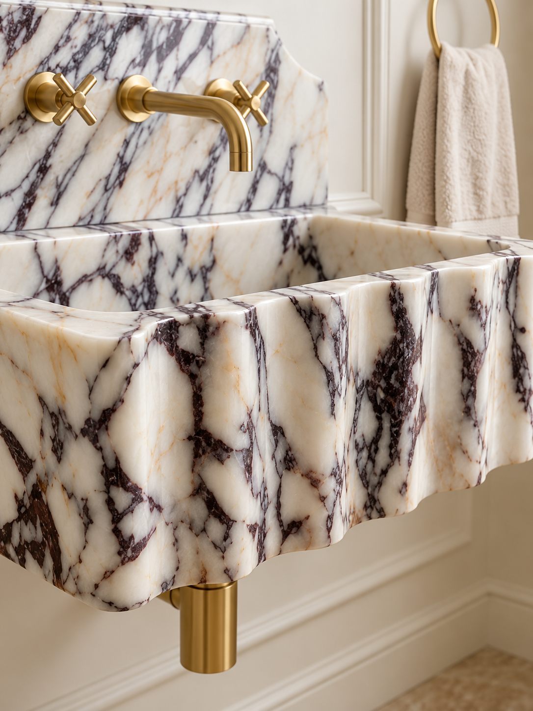 Bold-Fluted Calacatta Viola Marble Sink with Backsplash