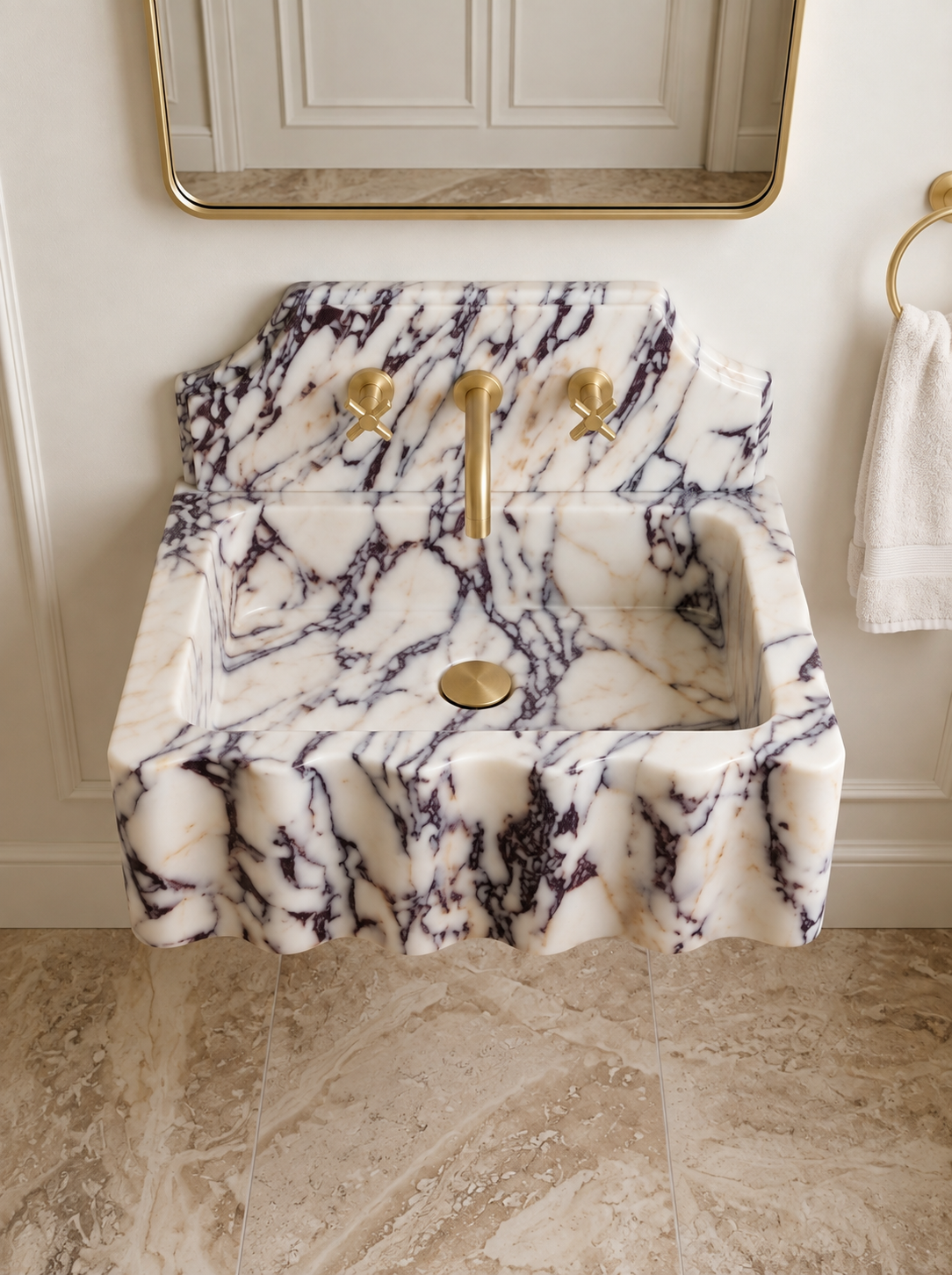 Bold-Fluted Calacatta Viola Marble Sink with Backsplash
