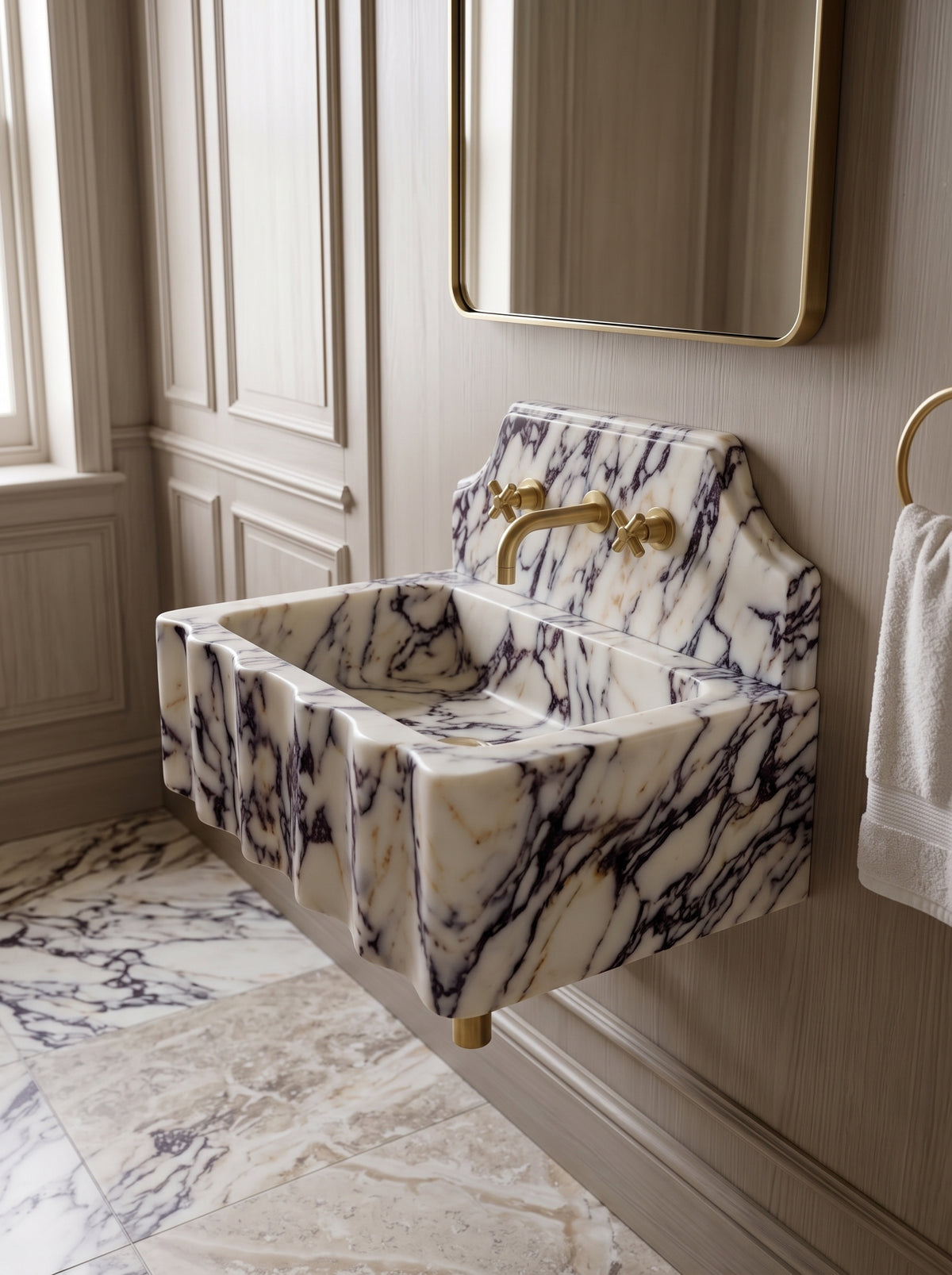 Bold-Fluted Calacatta Viola Marble Sink with Backsplash