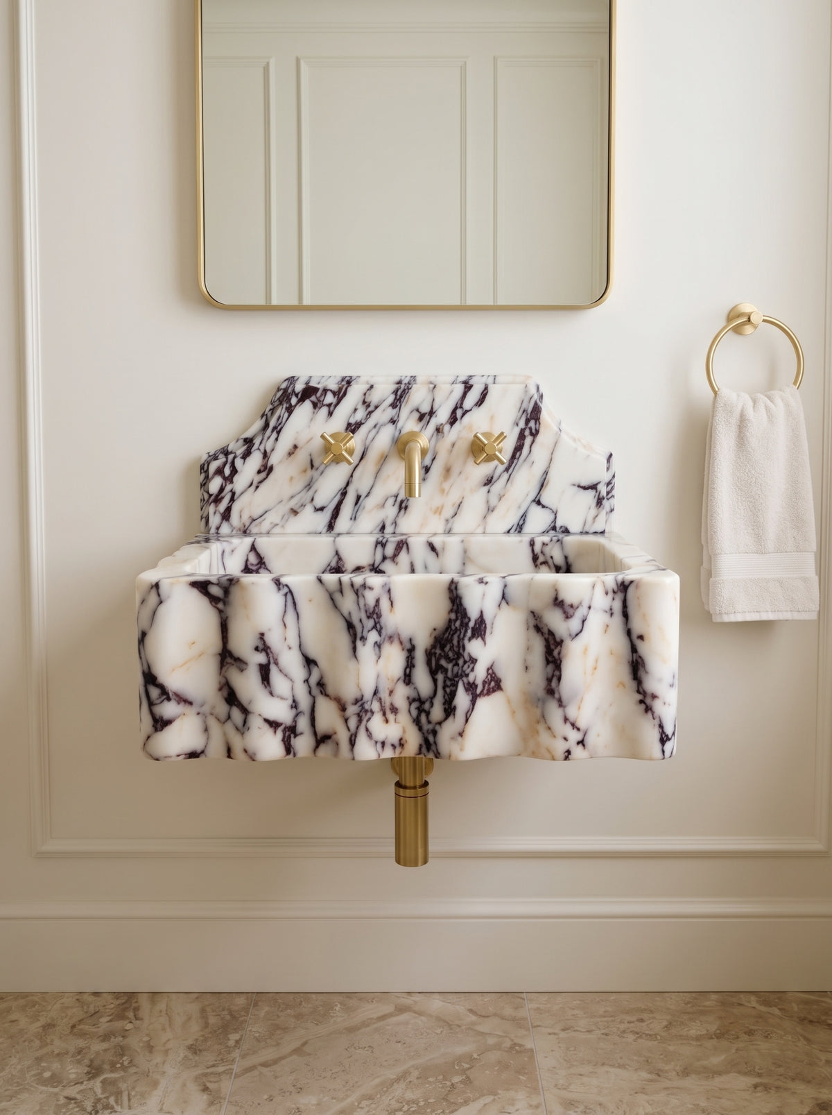 Bold-Fluted Calacatta Viola Marble Sink with Backsplash