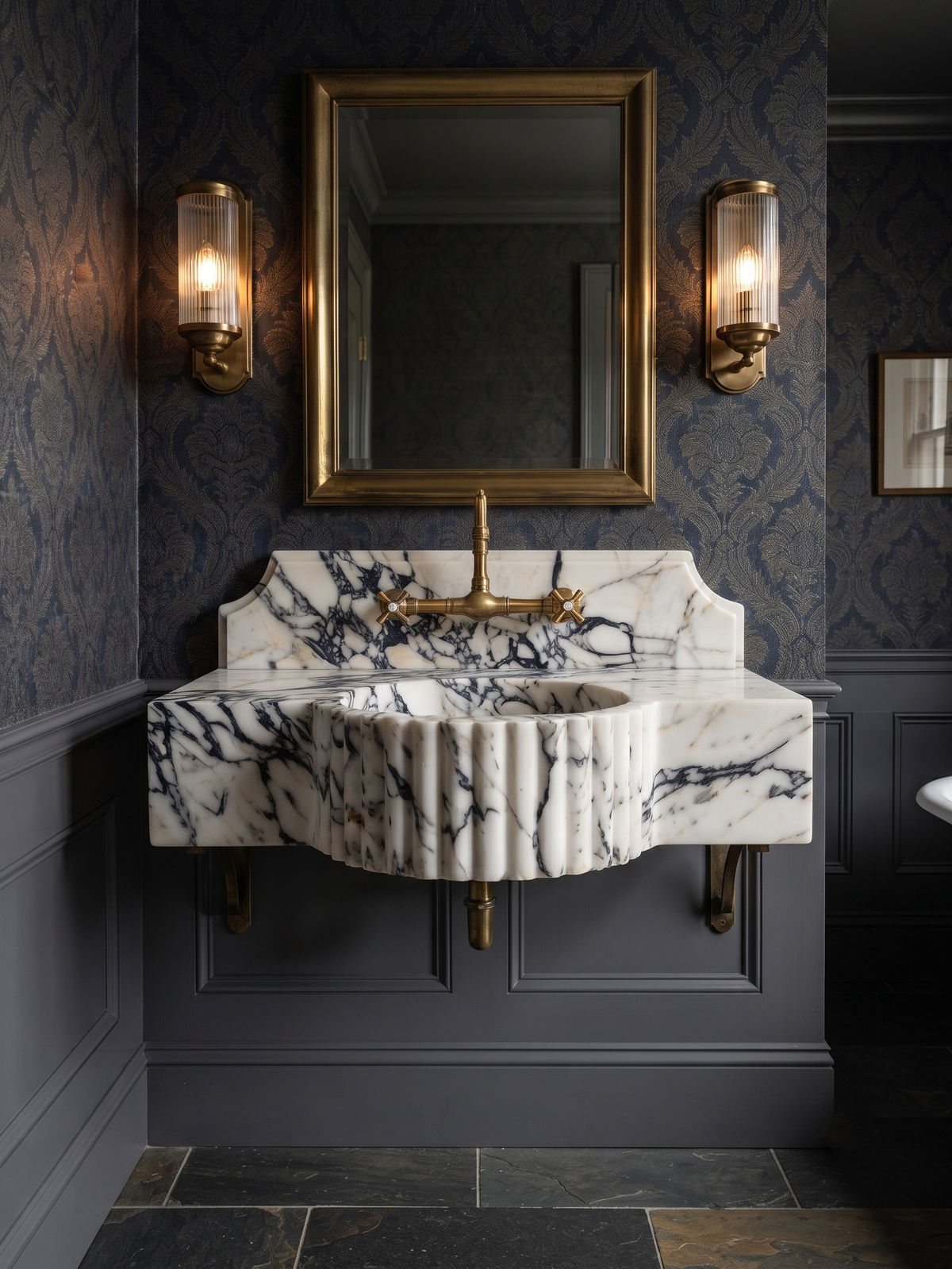 Sculpted Fluted Calacatta Viola Marble Sink with Backsplash