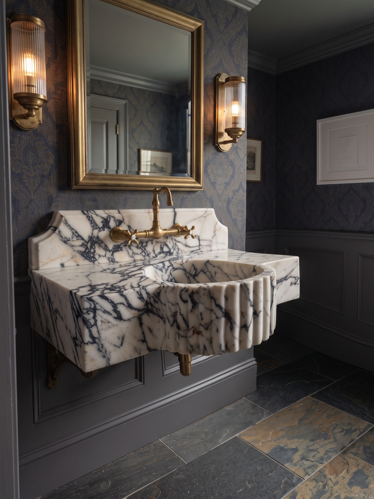 Sculpted Fluted Calacatta Viola Marble Sink with Backsplash