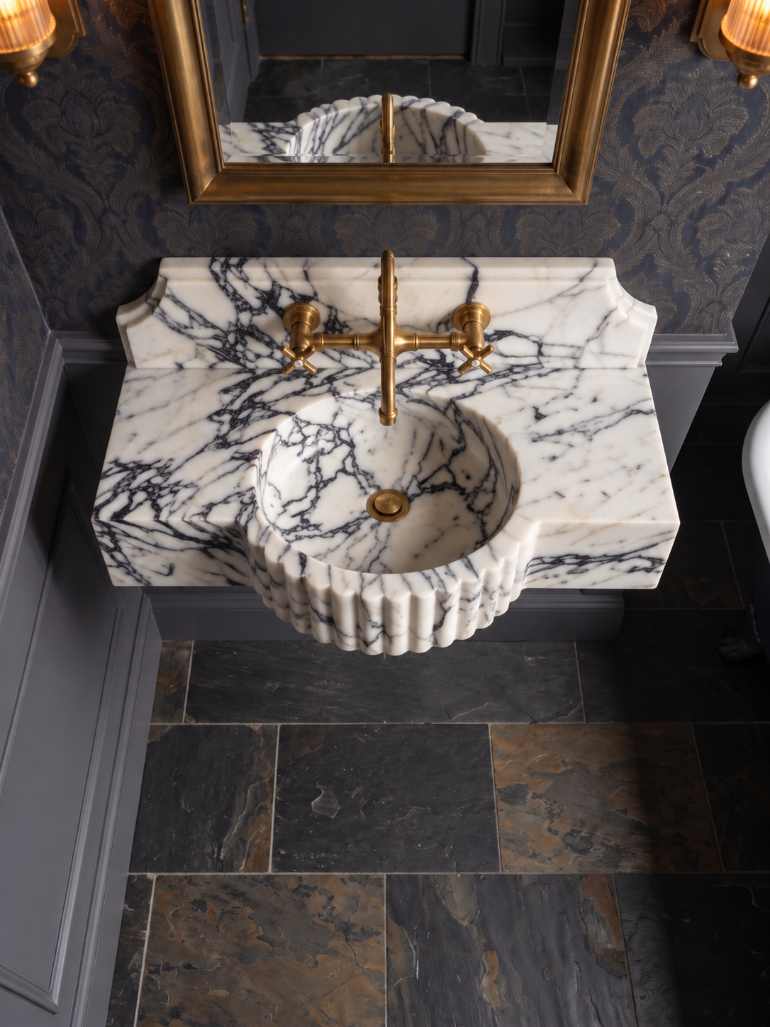 Sculpted Fluted Calacatta Viola Marble Sink with Backsplash