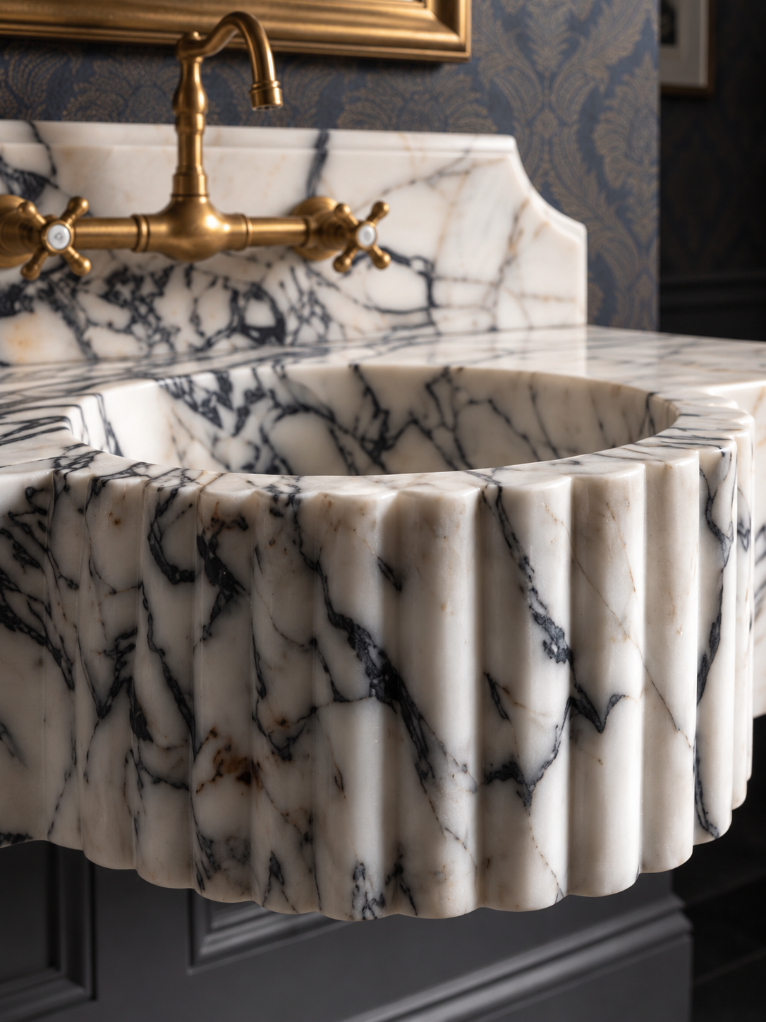 Sculpted Fluted Calacatta Viola Marble Sink with Backsplash