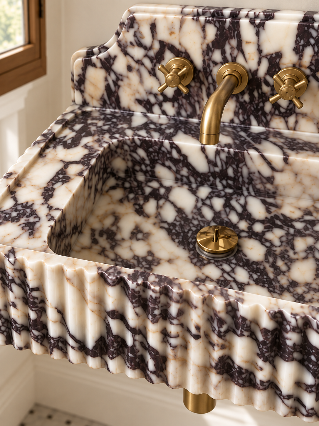 Fluted Calacatta Viola Marble Sink with Backsplash