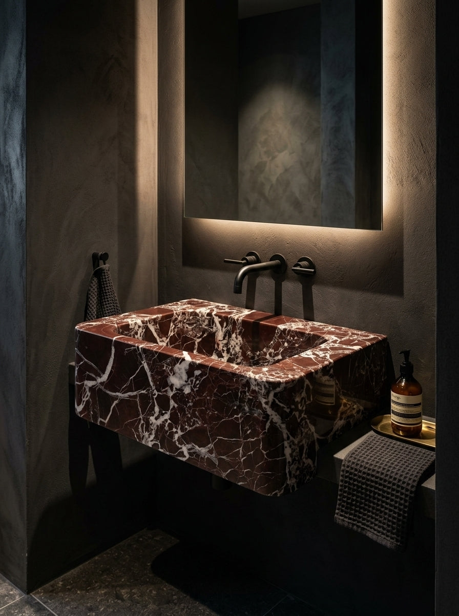 Rosso Levanto Marble Sink (Smooth, Non-Fluted Surface)