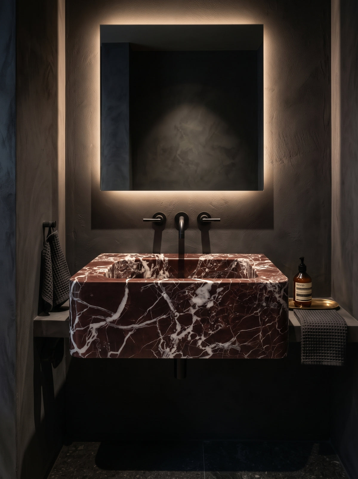 Rosso Levanto Marble Sink (Smooth, Non-Fluted Surface)