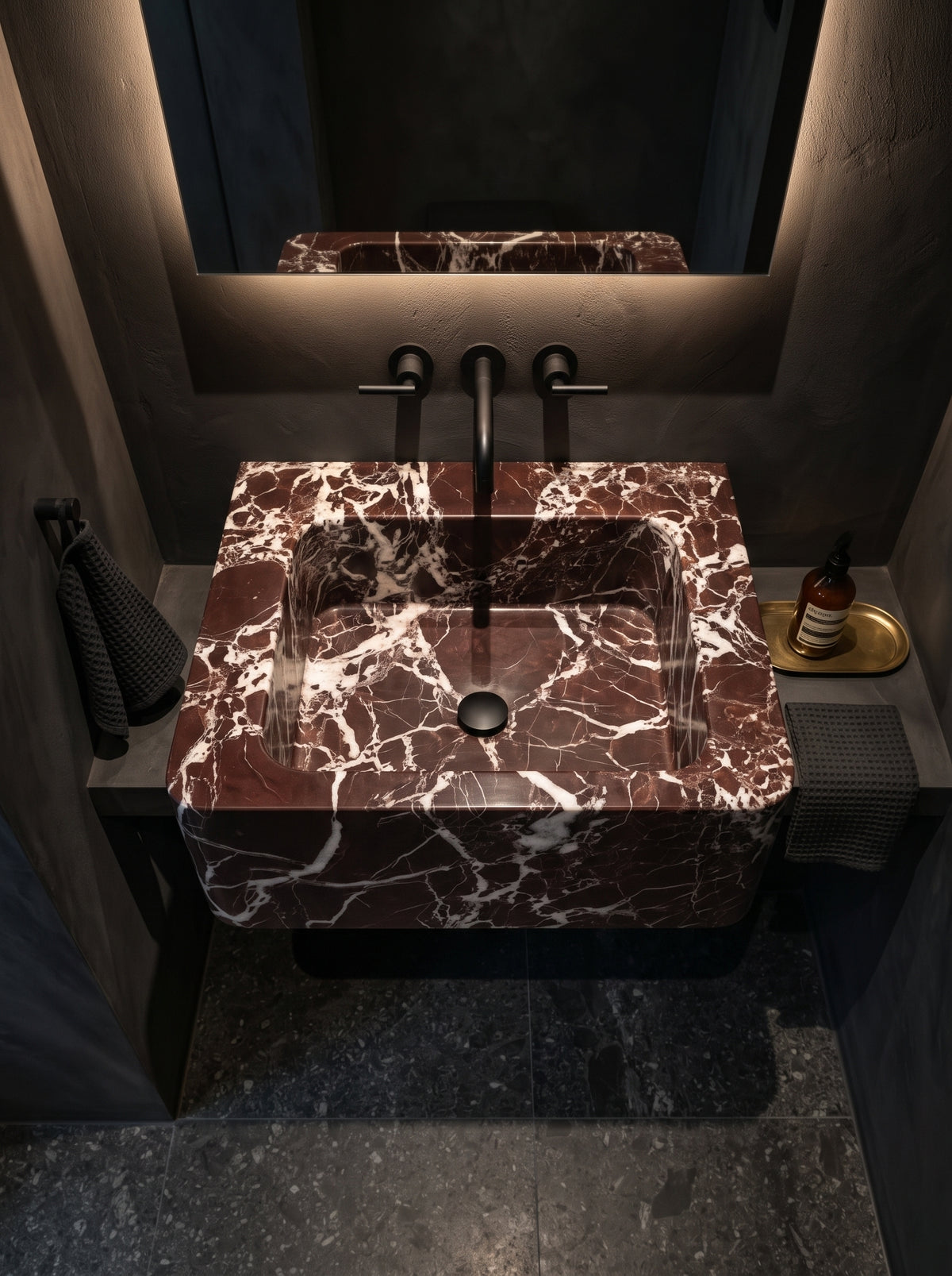 Rosso Levanto Marble Sink (Smooth, Non-Fluted Surface)