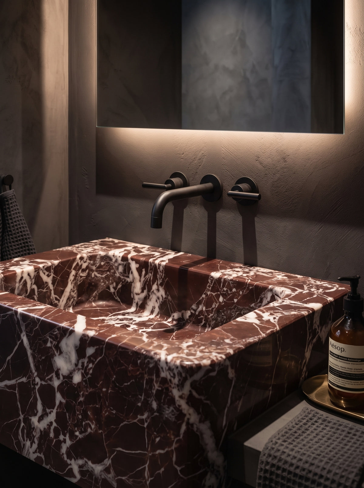 Rosso Levanto Marble Sink (Smooth, Non-Fluted Surface)