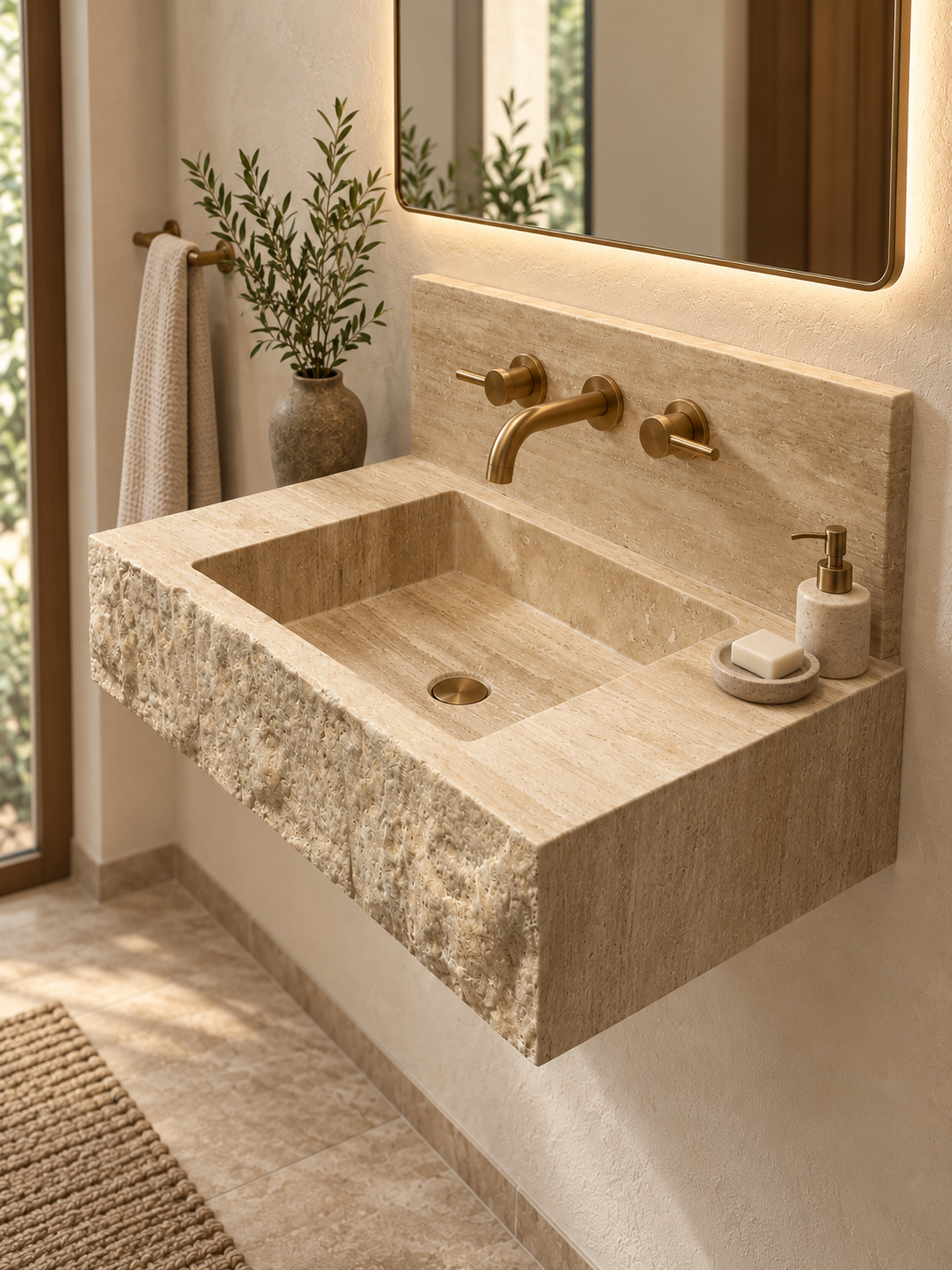 Travertine Marble Sink with Backsplash